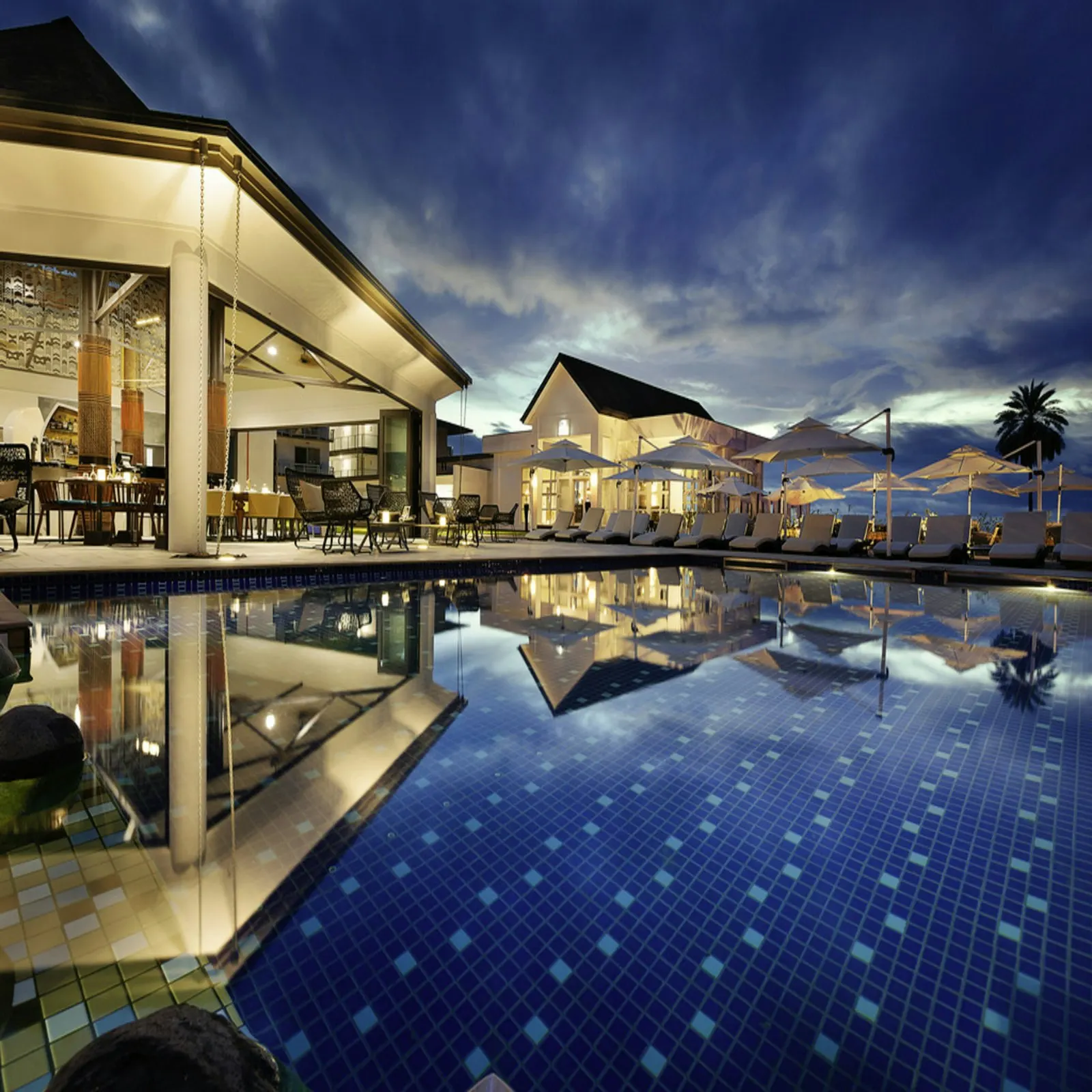 Hotel swimming pool at night